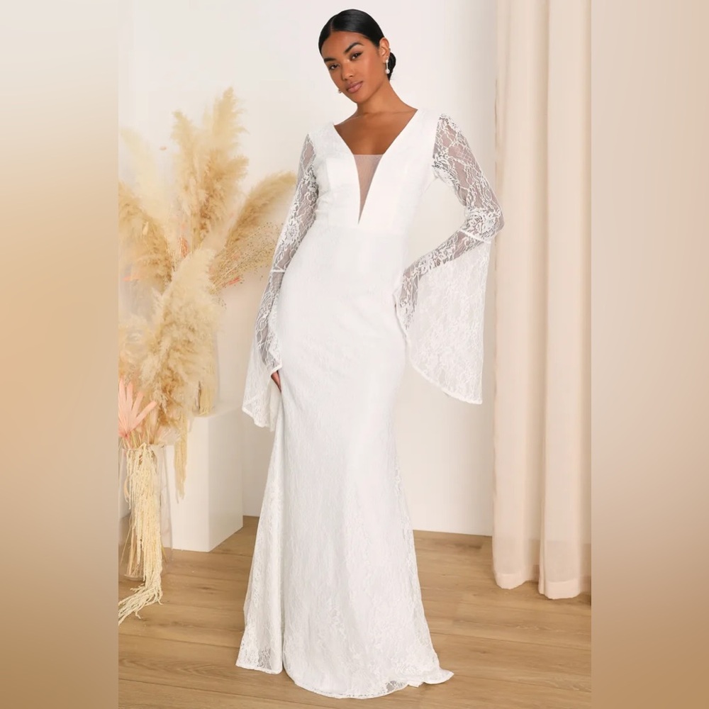 Lulus Endless Love Story White Floral Lace Bell Sleeve Maxi Dress Wedding